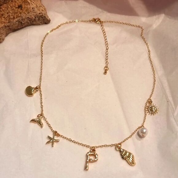 New Initial P Summer Gold Charm Beach Necklace - Picture 2 of 7